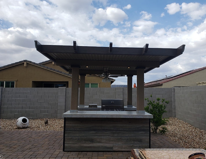 BBQ Island with Pergola 4 Burner BBQ Grill Wood Siding and Fan